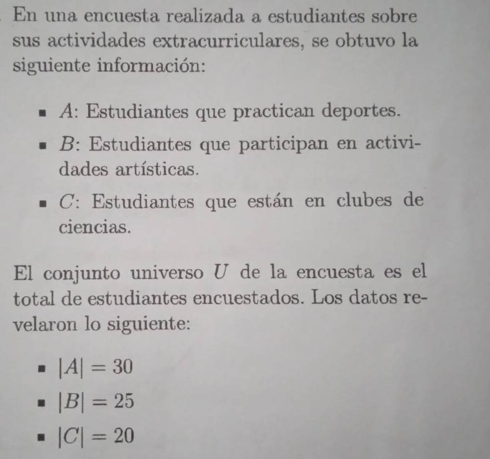 En una encuesta realizada a estudiantes sobre
sus actividades extracurriculares, se obtuvo la
siguiente información:
A: Estudiantes que practican deportes.
B: Estudiantes que participan en activi-
dades artísticas.
C: Estudiantes que están en clubes de
ciencias.
El conjunto universo U de la encuesta es el
total de estudiantes encuestados. Los datos re-
velaron lo siguiente:
|A|=30
|B|=25
|C|=20