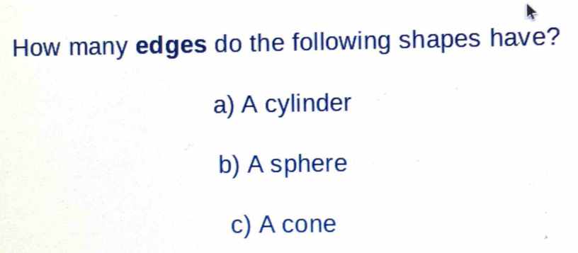 How many edges do the following shapes have? 
a) A cylinder 
b) A sphere 
c) A cone