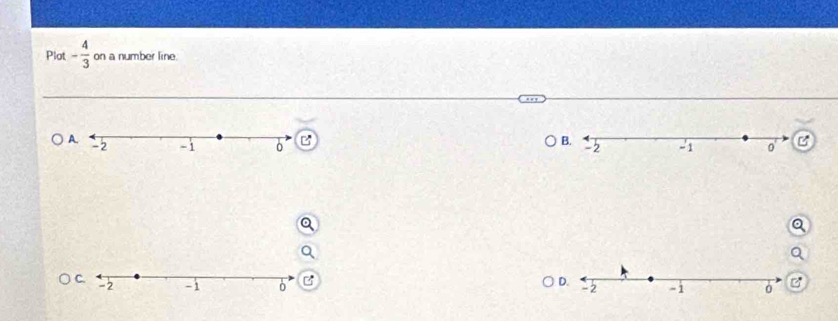 Plot - 4/3  on a number line. 
B 
B 
C. 
D.
-2 -1 B
-2 -1 0