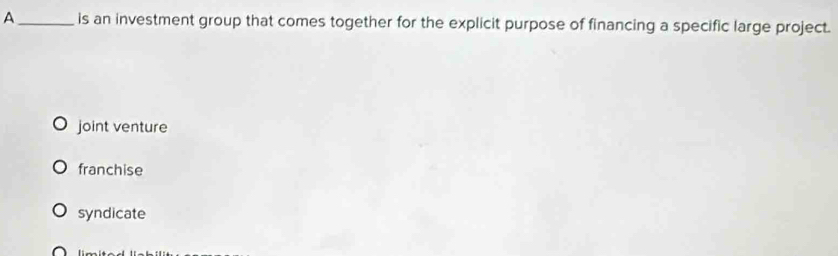 A_ is an investment group that comes together for the explicit purpose of financing a specific large project.
joint venture
franchise
syndicate