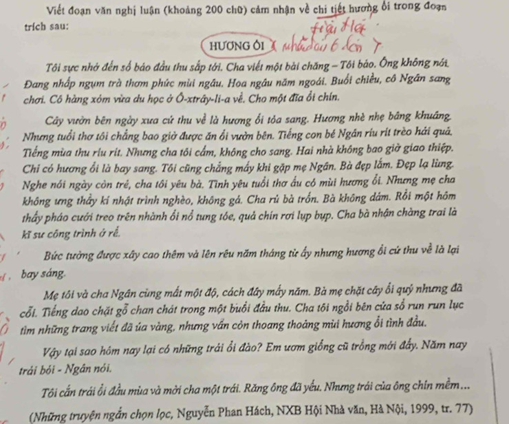 Viết đoạn văn nghị luận (khoảng 200 chữ) cảm nhận về chi tiết hương ổi trong đoạn
trích sau:
HƯơNG Ôi
Tôi sực nhớ đến số báo đầu thu sắp tới. Cha viết một bài chăng - Tôi báo. Ông không nới.
Đang nhấp ngụm trà thơm phức mùi ngâu. Hoa ngâu năm ngoái. Buổi chiều, cô Ngân sang
chơi. Cô hàng xóm vừa du học ở Ô-xtrây-li-a về. Cho một đĩa ổi chín.
n Cây vườn bên ngày xưa cứ thu về là hương ối tỏa sang. Hương nhè nhẹ bảng khuâng,
Nhưng tuổi thơ tôi chẳng bao giờ được ăn ổi vườn bên. Tiếng con bé Ngân ríu rít trèo hải quả.
Tiếng mùa thu riu rít. Nhưng cha tôi cấm, không cho sang. Hai nhà không bao giờ giao thiệp.
Chỉ có hương ổi là bay sang. Tôi cũng chẳng mấy khi gặp mẹ Ngân. Bà đẹp lắm. Đẹp lạ lùng.
Nghe nói ngày còn trẻ, cha tôi yêu bà. Tình yêu tuổi thơ ấu có mùi hương ổi. Nhưng mẹ cha
không ưng thảy kí nhật trình nghèo, không gá. Cha rủ bà trốn. Bà không dám. Rồi một hôm
thẩy pháo cưới treo trên nhành ổi nổ tung tóe, quả chín rơi lụp bụp. Cha bà nhận chàng trai là
kĩ sư công trình ở rể.
Bức tường được xây cao thêm và lên rêu năm tháng tử ấy nhưng hương ổi cứ thu về là lại
bay sáng.
Mẹ tôi và cha Ngân cùng mất một độ, cách đây mấy năm. Bà mẹ chặt cây ổi quý nhưng đã
cổi. Tiếng dao chặt gỗ chan chát trong một buổi đầu thu. Cha tôi ngồi bên cửa sổ run run lục
tìm những trang viết đã ủa vàng, nhưng vấn còn thoang thoảng mùi hương ổi tình đầu.
Vậy tại sao hôm nay lại có những trải ổi đào? Em ươm giống cũ trồng mới đấy. Năm nay
trải bói - Ngân nói.
Tôi cấn trái ổi đầu mùa và mời cha một trái. Răng ông đã yếu. Nhưng trái của ông chín mềm...
(Những truyện ngắn chọn lọc, Nguyễn Phan Hách, NXB Hội Nhà văn, Hà Nội, 1999, tr. 77)