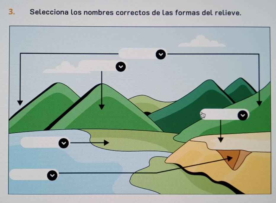 Selecciona los nombres correctos de las formas del relieve.