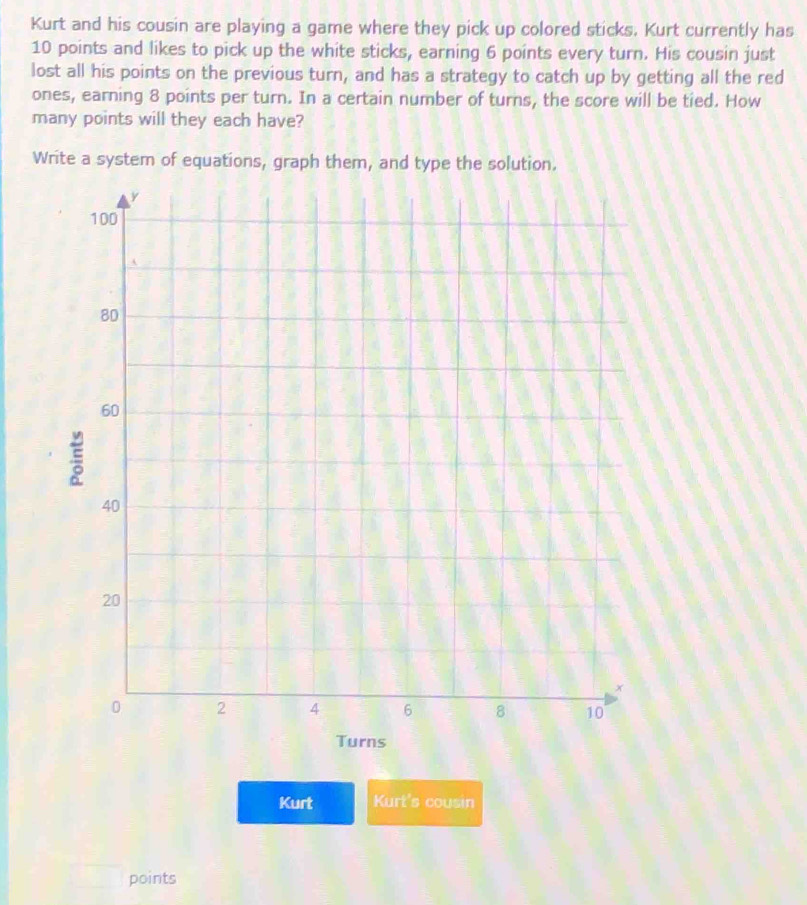 Kurt and his cousin are playing a game where they pick up colored sticks. Kurt currently has
10 points and likes to pick up the white sticks, earning 6 points every turn. His cousin just 
lost all his points on the previous turn, and has a strategy to catch up by getting all the red 
ones, earning 8 points per turn. In a certain number of turns, the score will be tied. How 
many points will they each have? 
Write a system of equations, graph them, and type the solution. 
Kurt Kurt's cousin 
points