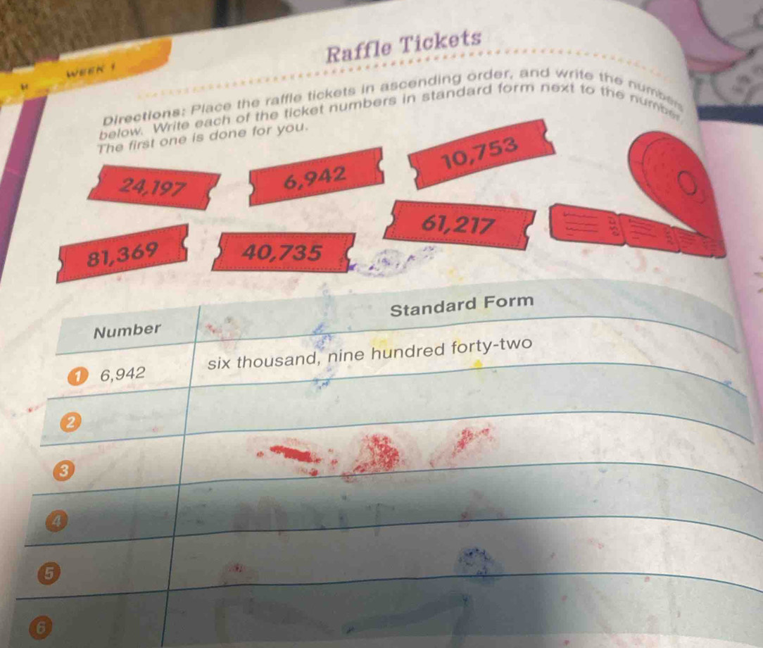 Raffle Tickets 
ween I 
Directions: Place the raffle tickets in ascending order, and write the numbers 
below. Write each of the ticket numbers in standard form next to the number 
The first one is done for you.
10,753
24,197
6,942
61,217
81, 369 40,735
Number Standard Form 
1 6,942 six thousand, nine hundred forty-two
0
3
4
5
6