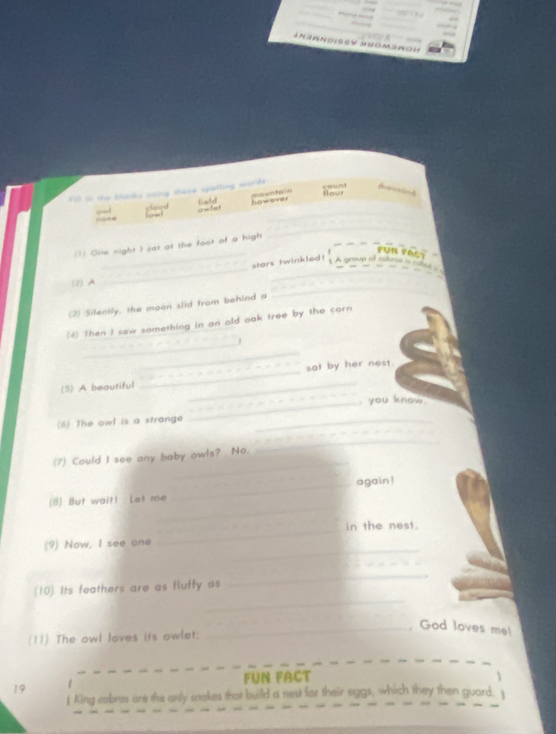 à h 
mownha in 
Fll i the blanks asing there spalfing words count d 
Hour 
höne (ow) cloud field owfer however 
_ 
_ 
_ 
(1) One night I sat at the foot of a high 
P n T 
_ 
stars twinkled! 
A group of cobrus 
_ 
(2) A 
_ 
(3) Silently, the moon slid from behind a 
(4) Then I saw something in an old oak tree by the corn 
_ 
_ 
_ 
(5) A beautiful __sat by her nest. 
you know 
(6) The owl is a strange_ 
_ 
_ 
_ 
(7) Could I see any baby owls? No. 
_ 
(8) But wait! Let me _again ! 
_ 
in the nest. 
_ 
(9) Now, I see one 
_ 
(10). Its feathers are as fluffy as 
_ 
_, God loves me! 
(11) The owl loves its owlet. 
19 Fun FACt 
 
King cobres are the anly snakes that build a nest for their eggs, which they then guard. ]