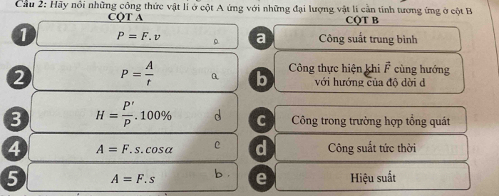 Cầu 2: Hãy nôi những công thức vật lí ở cột A ứng với những đại lượng vật lí cần tính tương ứng ở cột B
CQT A CQT B
P=F.v
1 Công suất trung bình
0 a
P= A/t  Q b Công thực hiện khi F cùng hướng
2 với hướng của độ dời d
3 H= P'/P .100% d C Công trong trường hợp tổng quát
4 Công suất tức thời
A=F.s.cos alpha e d
5
A=F.s b e Hiệu suất