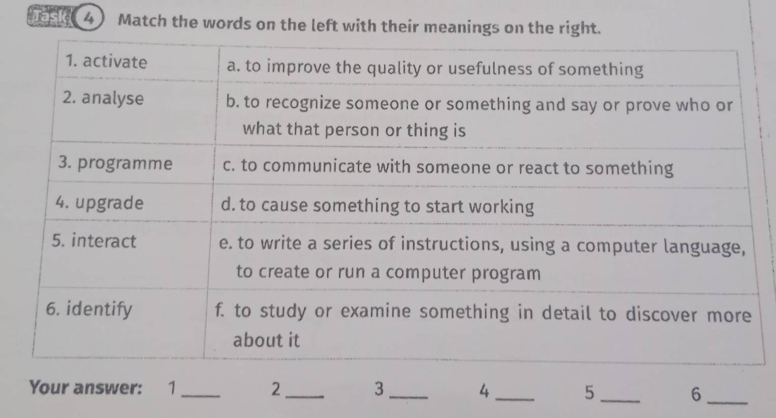 Match the words on the left with their meanings on the r 
Your answer: 1 _2_ 3_ 4 _5_ 
_6