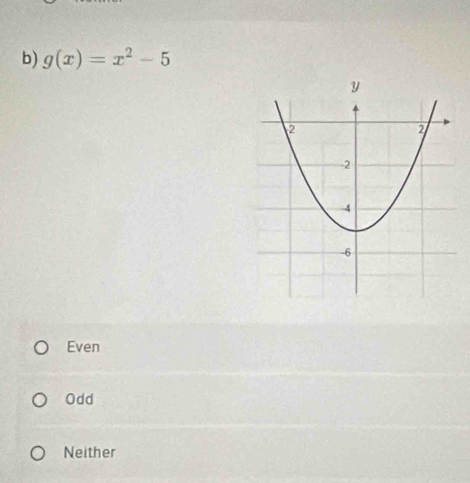 g(x)=x^2-5
Even
Odd
Neither