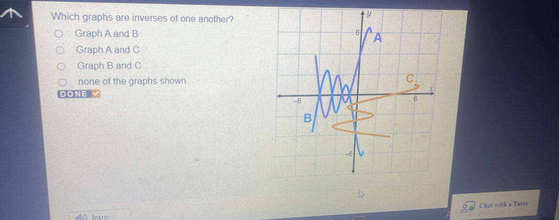 Solved: Which graphs are inverses of one another? Graph A and B Graph A ...