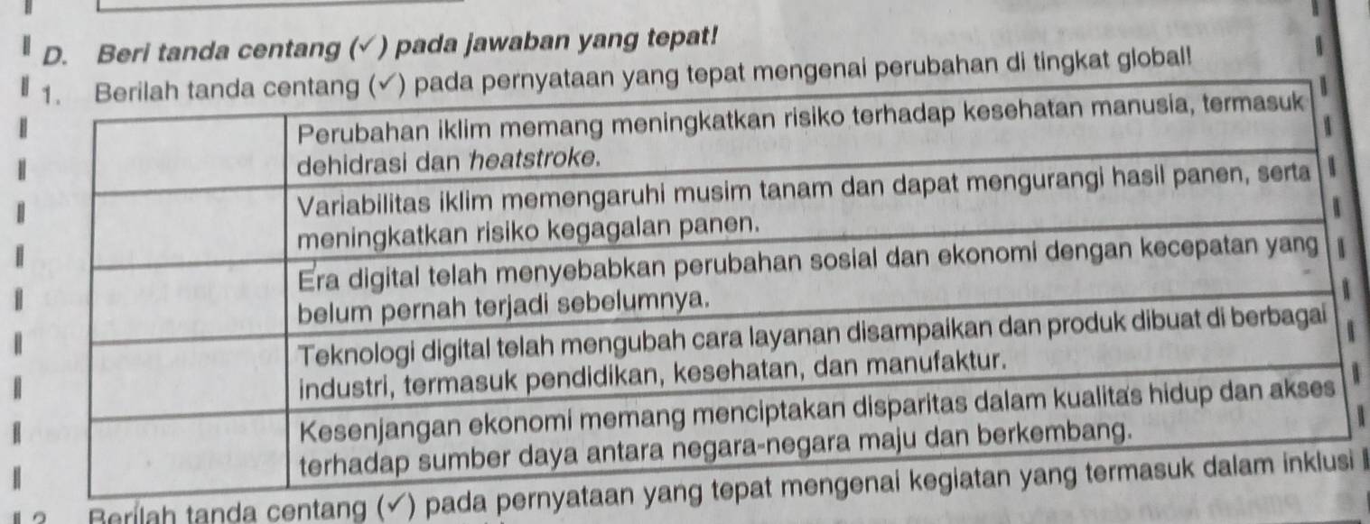 Beri tanda centang (√ ) pada jawaban yang tepat! 
nai perubahan di tingkat global! 
3 
? Berilah tanda centang (√) pada perni