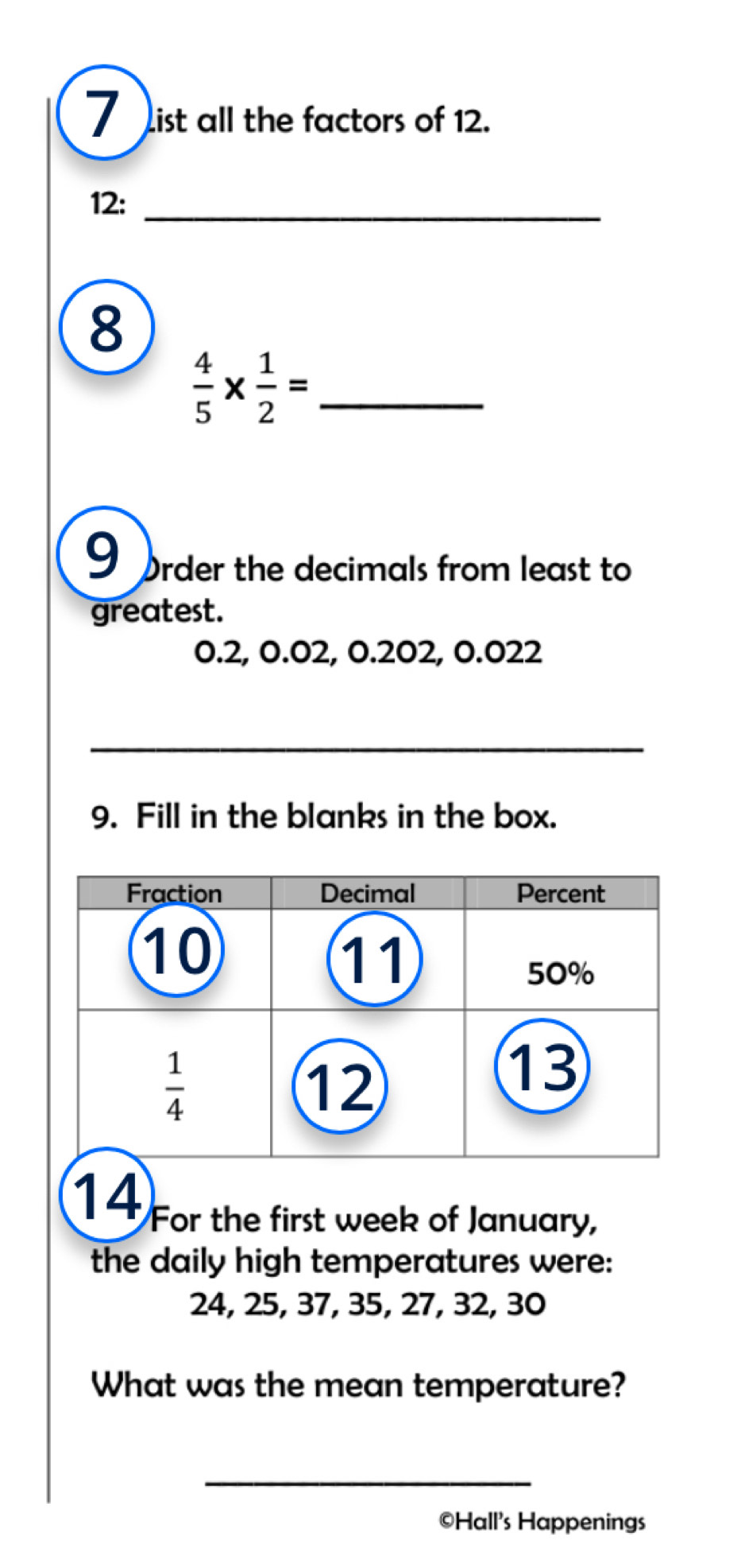 ist all the factors of 12.
12:_
8
_  4/5 *  1/2 =
9 Order the decimals from least to
greatest.
0.2, 0.02, 0.202, 0.022
_
__
9. Fill in the blanks in the box.
14 For the first week of January,
the daily high temperatures were:
24, 25, 37, 35, 27, 32, 30
What was the mean temperature?
_
©Hall's Happenings