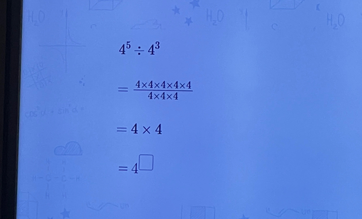 4^5/ 4^3
= (4* 4* 4* 4* 4)/4* 4* 4 
=4* 4
=4^(□)