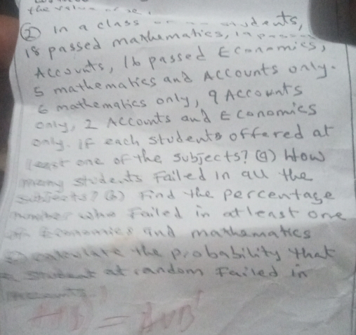 the var 
② in a class students
18 passed mahematics, 1n o- 
Accovnts, (b passed Ecanamies, 
s mathemakies and Accounts only. 
G mathemalics only, 9Accounts 
only, 2 Accounts and Economics 
only. If each students offered at 
least one of the subjects? () how 
many students Failed in all the 
suhexts? () Find the percentage 
pomber who failed in atlenst one 
i Economies and marhemakes 
socaoulare the probability that 
a student at random failed in
-1=MBM