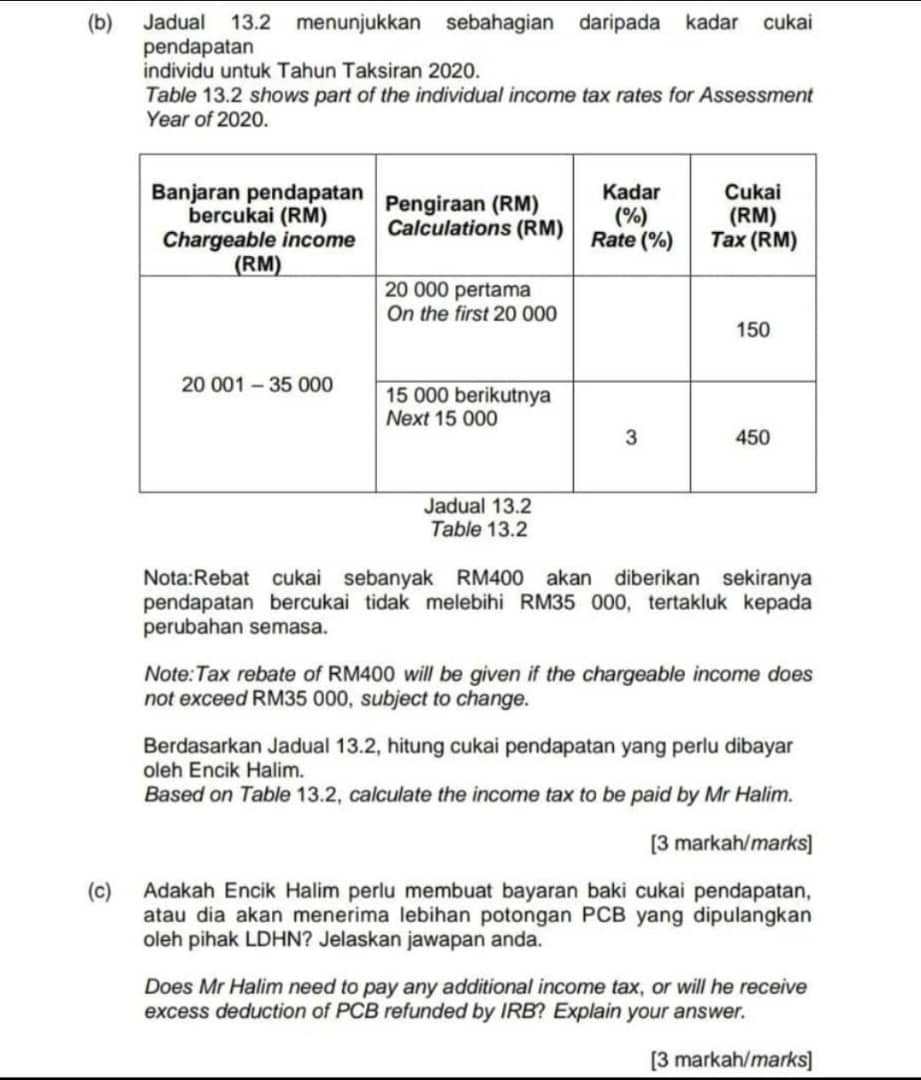 Jadual 13.2 menunjukkan sebahagian daripada kadar cukai 
pendapatan 
individu untuk Tahun Taksiran 2020. 
Table 13.2 shows part of the individual income tax rates for Assessment
Year of 2020. 
Table 13.2
Nota:Rebat cukai sebanyak RM400 akan diberikan sekiranya 
pendapatan bercukai tidak melebihi RM35 000, tertakluk kepada 
perubahan semasa. 
Note:Tax rebate of RM400 will be given if the chargeable income does 
not exceed RM35 000, subject to change. 
Berdasarkan Jadual 13.2, hitung cukai pendapatan yang perlu dibayar 
oleh Encik Halim. 
Based on Table 13.2, calculate the income tax to be paid by Mr Halim. 
[3 markah/marks] 
(c) Adakah Encik Halim perlu membuat bayaran baki cukai pendapatan, 
atau dia akan menerima lebihan potongan PCB yang dipulangkan 
oleh pihak LDHN? Jelaskan jawapan anda. 
Does Mr Halim need to pay any additional income tax, or will he receive 
excess deduction of PCB refunded by IRB? Explain your answer. 
[3 markah/marks]