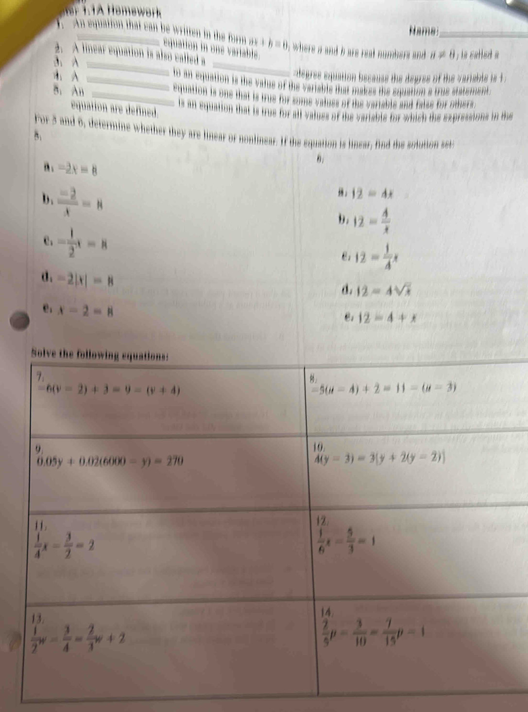 oework 
Nama
E.  An equation that can be written in the form ax+b=0 a  where a and b are reat numbers and a!= 0 _  is atled a 
_
equation in one variable.
2. A linear equation is also called a
3. A
1.A depres equation becauss the degres of the variable is 1.
_to an equation is the valus of the variable that makes the equation a true statement.
5. An __equation is one that is true for some values of the variable and false for others.
equation are defined.
is an equation that is true for all valuss of the variable for which the expressions in the
For 3 and 6, determine whether they are linear or nonlinear. If the equation is linear, find the solution seta
B
a_1-2x=8
θ.
 (-2)/x =n
l_2
12=4x
b. 12= A/x 
C、 - 1/2 x-8
12= 1/4 x
d. -2|x|=8
d. 12=4sqrt(x)
e: x-2=8
12=4+x