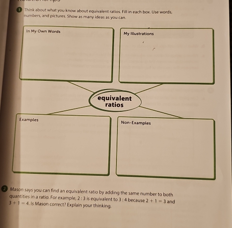 Think about what you know about equivalent ratios. Fill in each box. Use words, 
numbers, and pictures. Show as many ideas as you can. 
In My Own Words My Illustrations 
equivalent 
ratios 
Examples Non-Examples 
② Mason says you can find an equivalent ratio by adding the same number to both 
quantities in a ratio. For example, 2:3 is equivalent to 3:4 because 2+1=3 and
3+1=4 , is Mason correct? Explain your thinking.