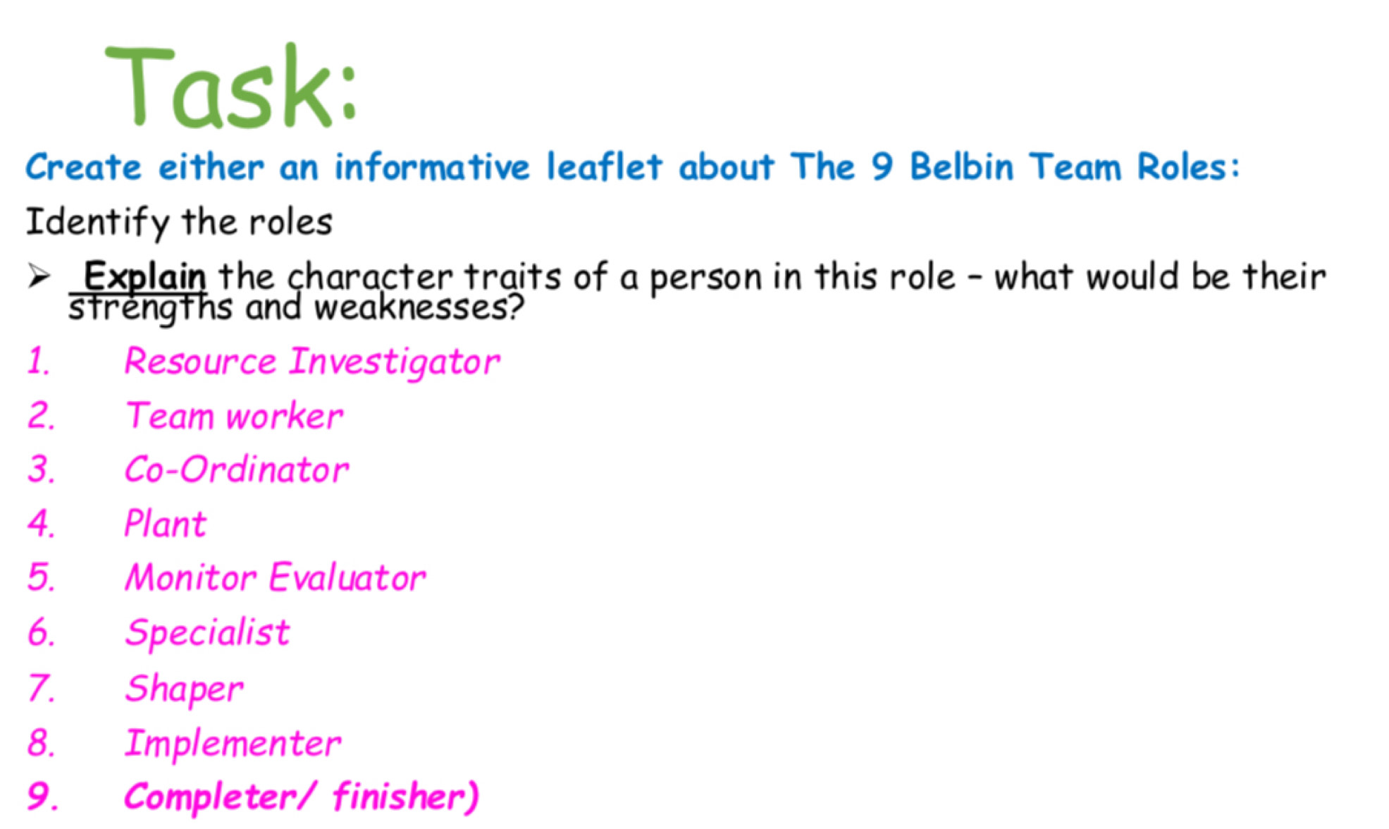 Solved: Task: Create either an informative leaflet about The 9 Belbin ...