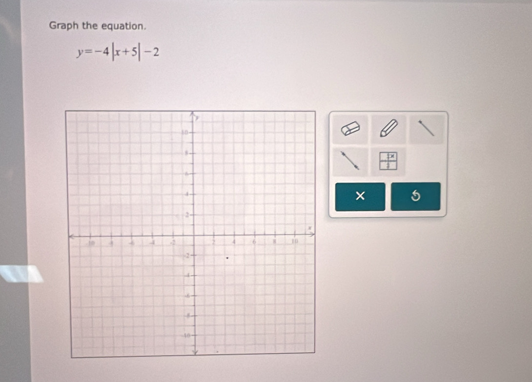 Graph the equation.
y=-4|x+5|-2
× 5