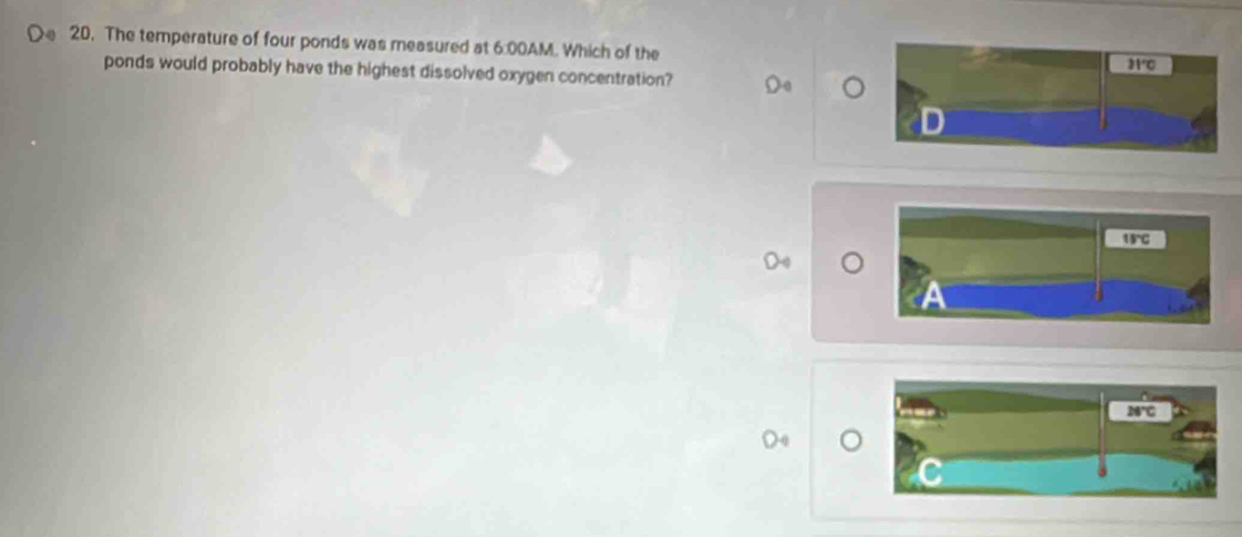 The temperature of four ponds was measured at 6:00AM. Which of the 
ponds would probably have the highest dissolved oxygen concentration? 
Do