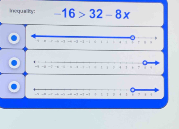 Inequality: -16>32-8x