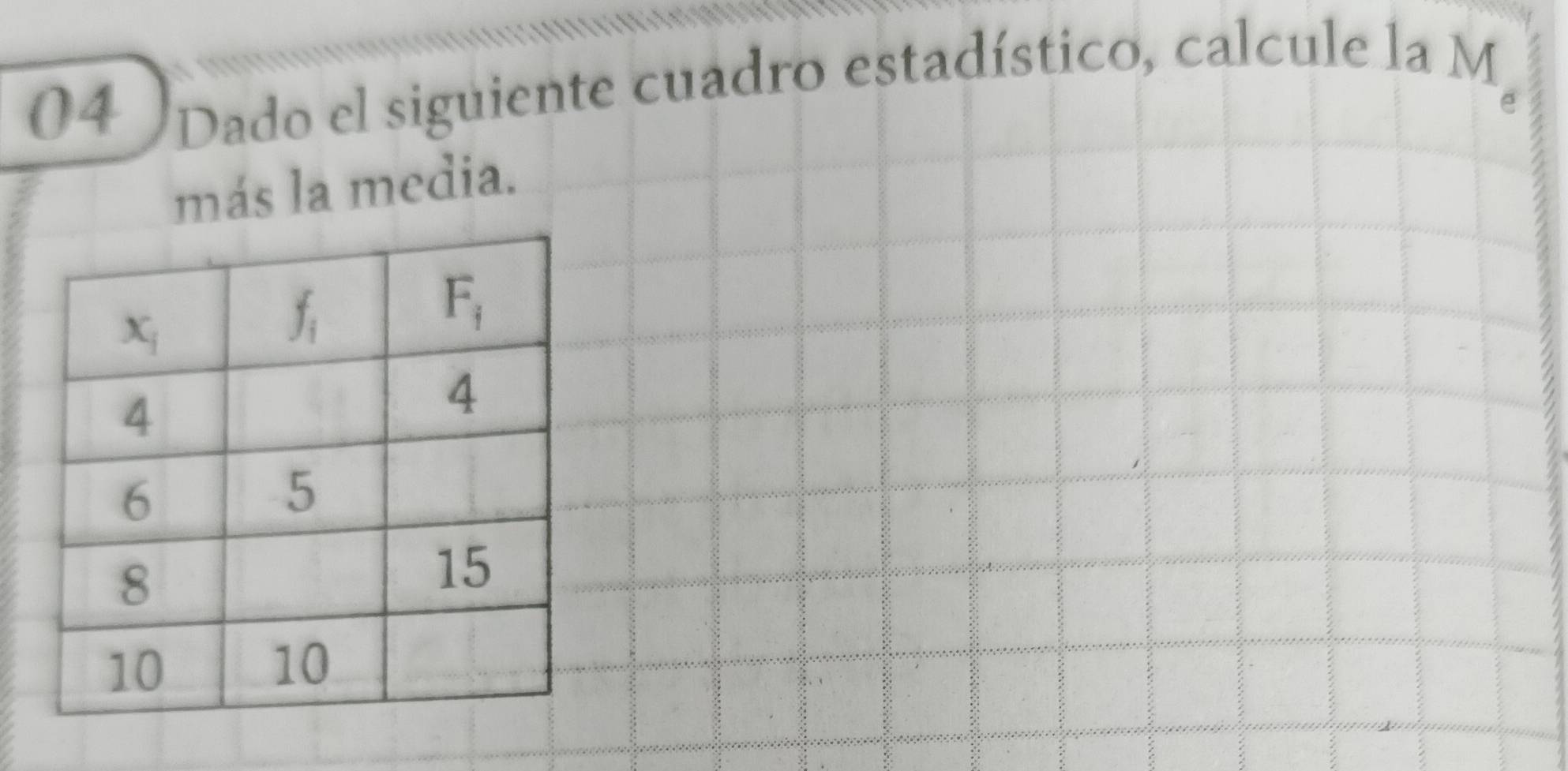 Dado el siguiente cuadro estadístico, calcule la M
más la media.