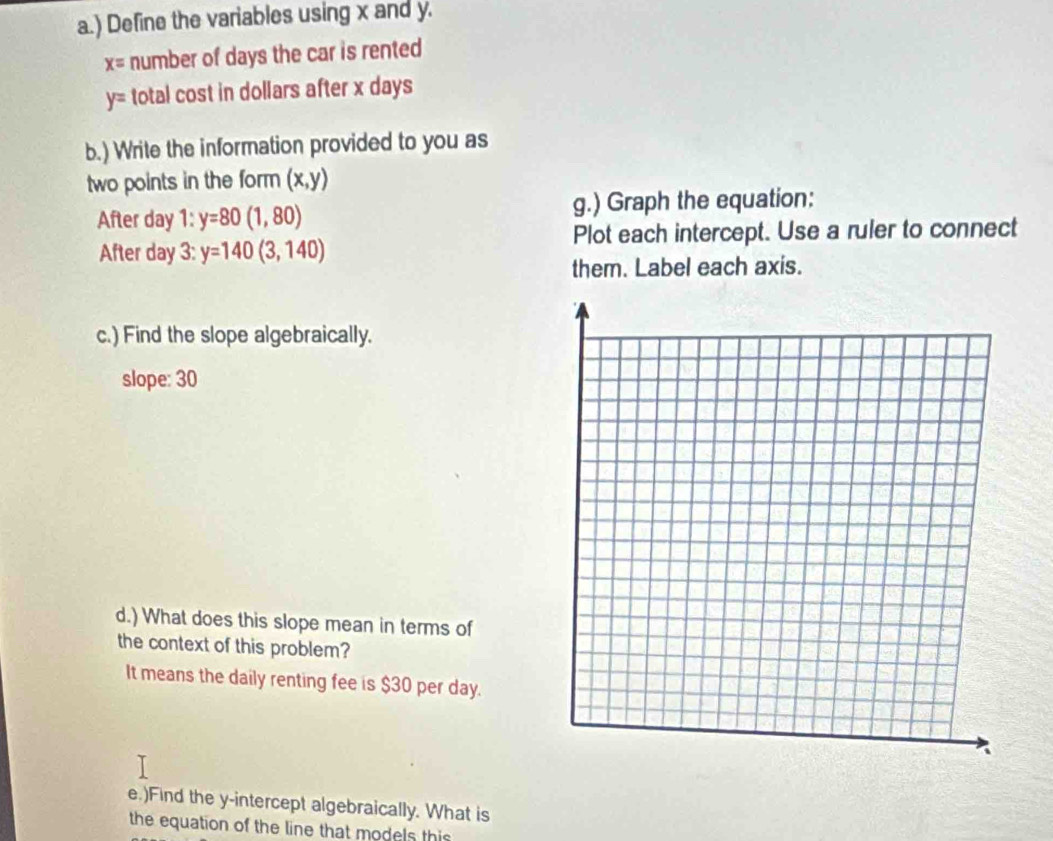 ) Define the variables using x and y.
x= number of days the car is rented
y= total cost in dollars after x days
b.) Write the information provided to you as 
two points in the form (x,y)
After day 1: y=80(1,80) g.) Graph the equation: 
After day 3: y=140(3,140) Plot each intercept. Use a ruler to connect 
them. Label each axis. 
c.) Find the slope algebraically. 
slope: 30
d.) What does this slope mean in terms of 
the context of this problem? 
It means the daily renting fee is $30 per day. 
e.)Find the y-intercept algebraically. What is 
the equation of the line that models this