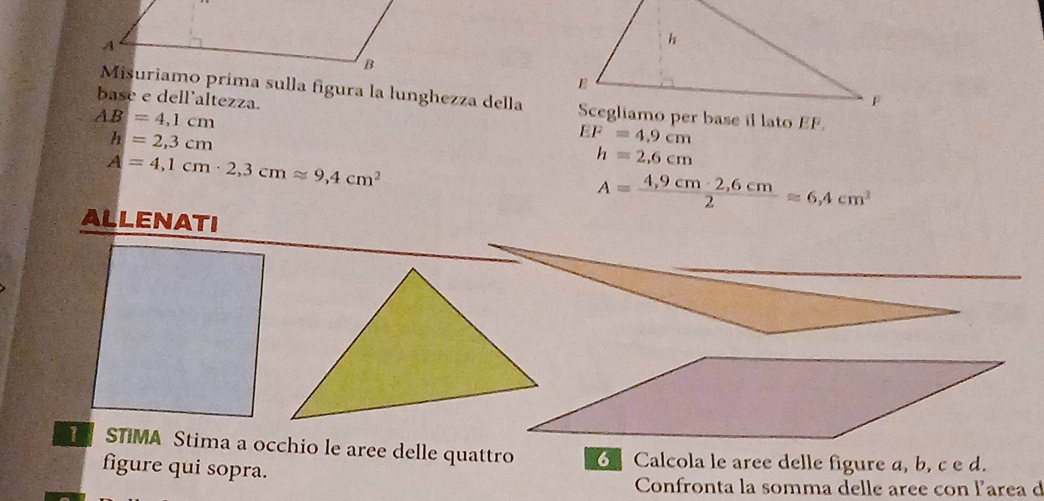 Misuriamo príma sulla figura la lunghezza della 
base e dell'altezza.
AB=4,1cm
h=2,3cm
EF=4,9cm
A=4,1cm· 2,3cmapprox 9,4cm^2
h=2,6cm
A= (4,9cm· 2,6cm)/2 approx 6,4cm^2
ALLENATI 
STIMA Stima a occhio le aree delle quattro 
figure qui sopra. 
6 Calcola le aree delle figure a, b, c e d. 
Confronta la somma delle aree con larea d