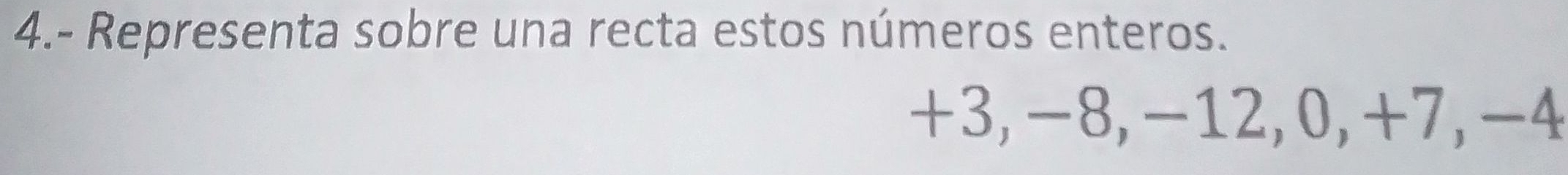 4.- Representa sobre una recta estos números enteros.
+3, -8, -12, 0, +7, -4