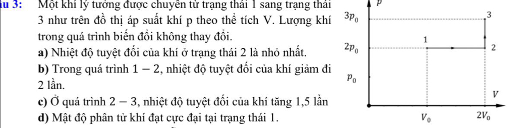 iu 3: Một khí lý tưởng được chuyên từ trạng thái 1 sang trạng thái p
3 như trên đồ thị áp suất khí p theo thể tích V. Lượng khí
trong quá trình biến đổi không thay đổi.
a) Nhiệt độ tuyệt đối của khí ở trạng thái 2 là nhỏ nhất. 
b) Trong quá trình 1-2 2, nhiệt độ tuyệt đối của khí giảm đi
2 lần.
c) vector  quá trình 2-3 3, nhiệt độ tuyệt đối của khí tăng 1,5 lần
d) Mật độ phân tử khí đạt cực đại tại trạng thái 1.