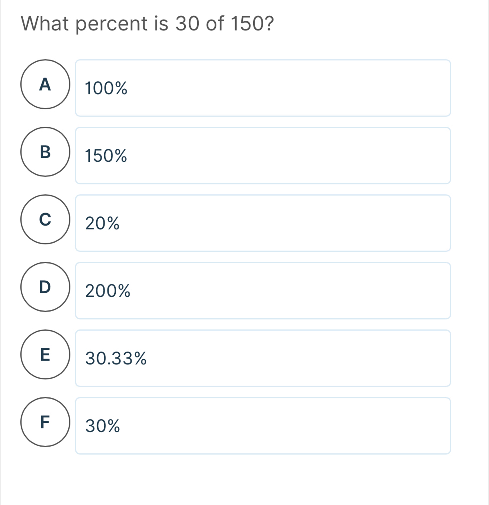 What percent is 30 of 150?
A  100%
B 150%
C 20%
D 200%
E 30.33%
F 30%