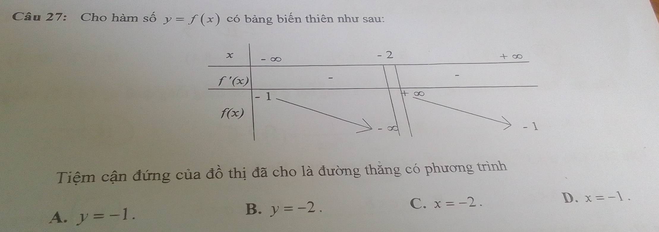 Cho hàm số y=f(x) có bảng biến thiên như sau:
Tiệm cận đứng của đồ thị đã cho là đường thằng có phương trình
D. x=-1.
A. y=-1.
B. y=-2.
C. x=-2.