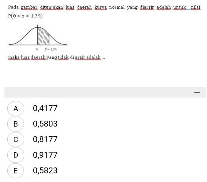 Pada gambar ditunjukan luas daerah kurva normal yang diarsir adalah untuk nilai
P(0
maka luas daerah yang tidak di arsir adalah ...

A 0,4177
B 0,5803
C 0,8177
D 0,9177
E 0,5823