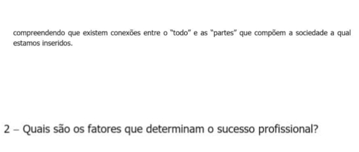 compreendendo que existem conexões entre o "todo" e as "partes" que compõem a sociedade a qual 
estamos inseridos 
2 - Quais são os fatores que determinam o sucesso profissional?