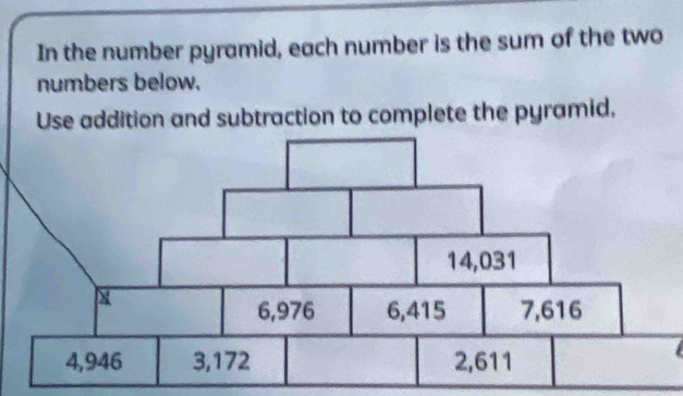 In the number pyramid, each number is the sum of the two 
numbers below. 
Use addition and subtraction to complete the pyramid.