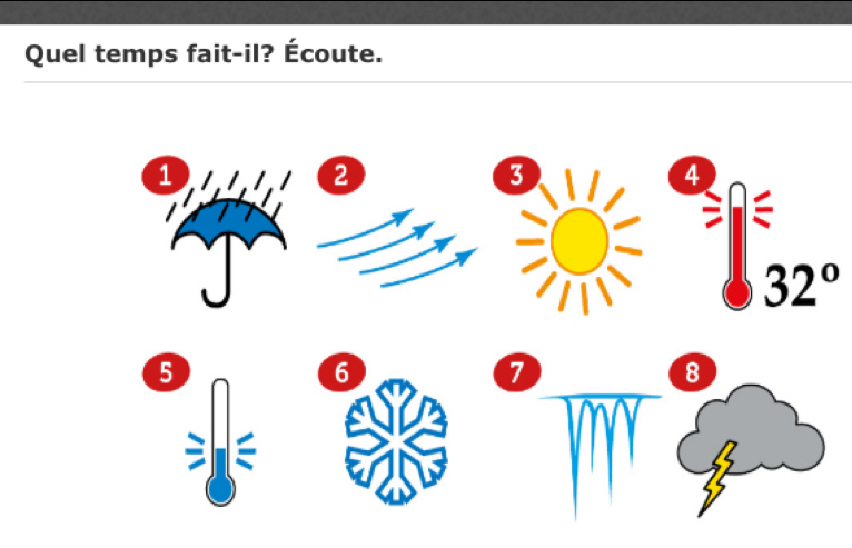 Quel temps fait-il? Écoute.
1
2
3
4
32°
5
6
7
8