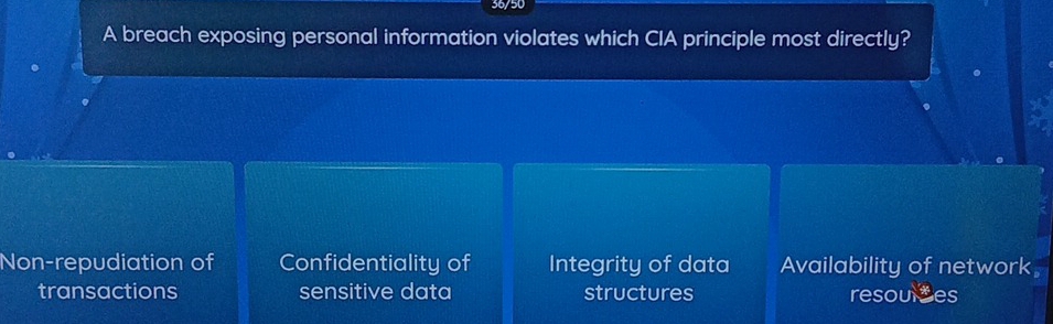 Solved: 36/50 A breach exposing personal information violates which CIA ...