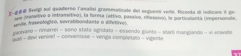 ), ●● Svolgi sul quaderno l'analisi grammaticale dei seguenti verbi. Ricorda di indicare il ge 
nere (transitivo o intransitivo), la forma (attivo, passivo, riflessivo), le particolarità (impersonale, 
servile, fraseologico, sovrabbondante o difettivo). 
giacevano - rimarrei - sono stato sgridato - essendo giunto - starò mangiando - vi eravate 
lavati - devi venire! - convenisse - venga completato - vigente 
27