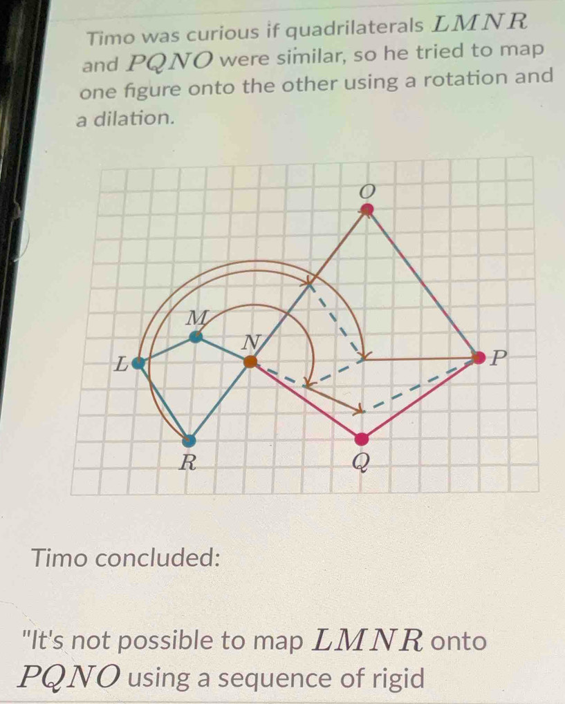 Timo was curious if quadrilaterals LMNR
and PQNO were similar, so he tried to map 
one figure onto the other using a rotation and 
a dilation.
0
M
N
L
P
R
Q
Timo concluded: 
"It's not possible to map LMNR onto
PQNO using a sequence of rigid