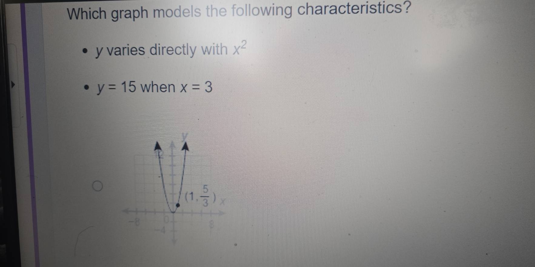 Which graph models the following characteristics?
y varies directly with x^2
y=15 when x=3