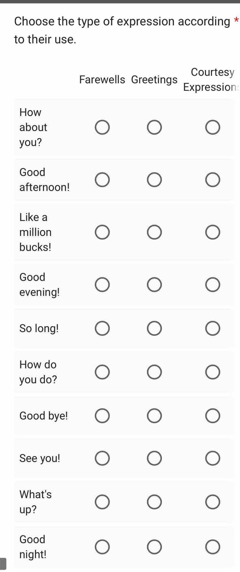 Choose the type of expression according * 
to their use. 
Courtesy 
Farewells Greetings Expression 
How 
about 
you? 
Good 
afternoon! 
Like a 
million 
bucks! 
Good 
evening! 
So long! 
How do 
you do? 
Good bye! 
See you! 
What's 
up? 
Good 
night!