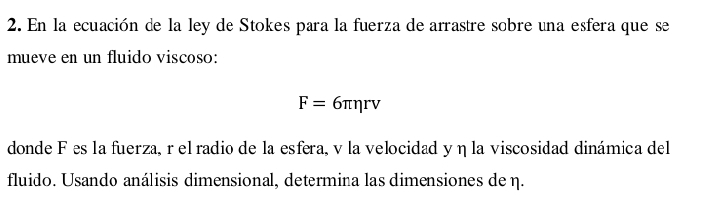 En la ecuación de la ley de Stokes para la fuerza de arrastre sobre una esfera que se 
mueve en un fluido viscoso:
F=6π eta rv
donde F es la fuerza, r el radio de la esfera, v la velocidad y η la viscosidad dinámica del 
fluido. Usando análisis dimensional, determina las dimensiones de η.