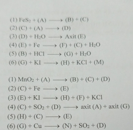 (1) FeS_2+(A)to (B)+(C)
1= (C)+(A)to (D)
(3)(D)+H_2Oto Axit(E)
(4)(E)+Feto (F)+(C)+H_2O
(5)(B)+HClto (G)+H_2O
(6)(G)+KIto (H)+KCI+(M)
(1) MnO_2+(A)to (B)+(C)+(D)
(2) (C)+Feto (E)
(3)(E)+KIto (H)+(F)+KCI
(4)(C)+SO_2+(D)to axit(A)+axit(G)
(5)(H)+(C)to (E)
(6)(G)+Cuto (N)+SO_2+(D)