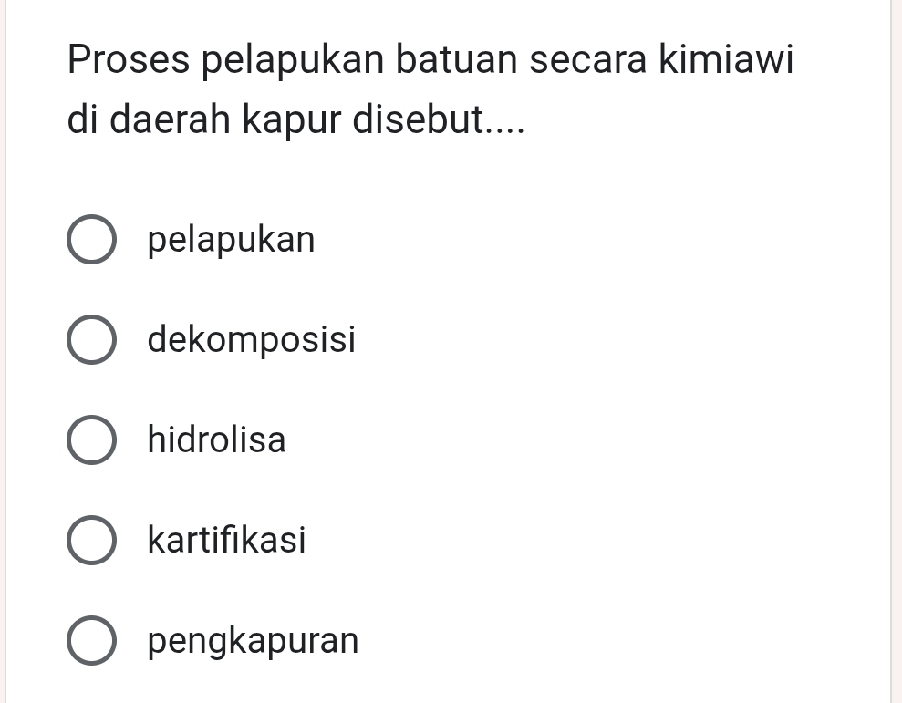 Proses pelapukan batuan secara kimiawi
di daerah kapur disebut....
pelapukan
dekomposisi
hidrolisa
kartifikasi
pengkapuran