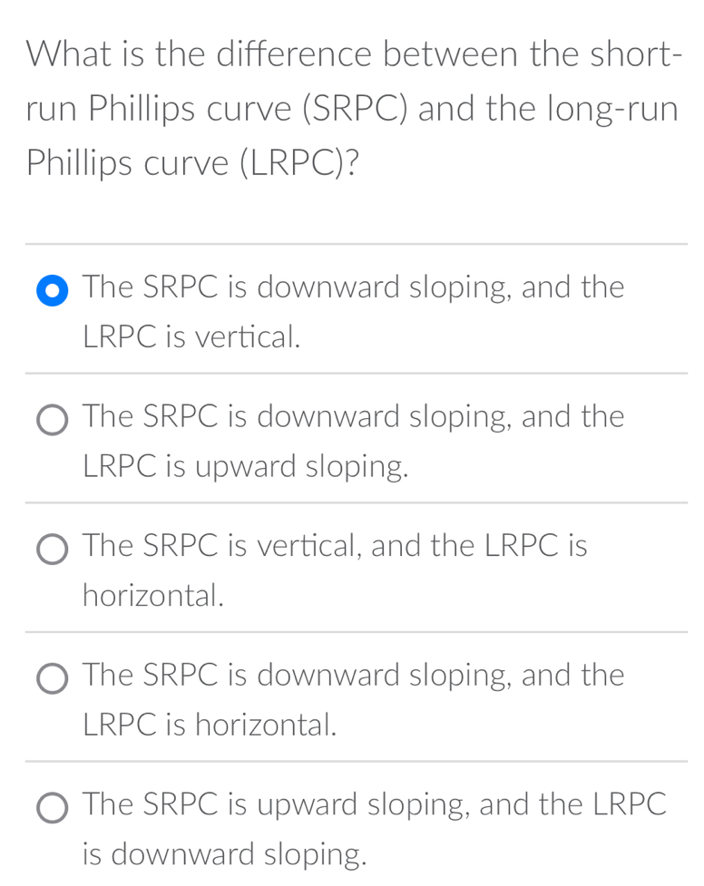 Solved: What is the difference between the short- run Phillips curve ...