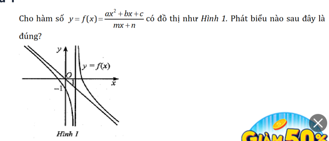 Cho hàm số y=f(x)= (ax^2+bx+c)/mx+n  có đồ thị như Hình 1. Phát biểu nào sau đây là
đúng?
I