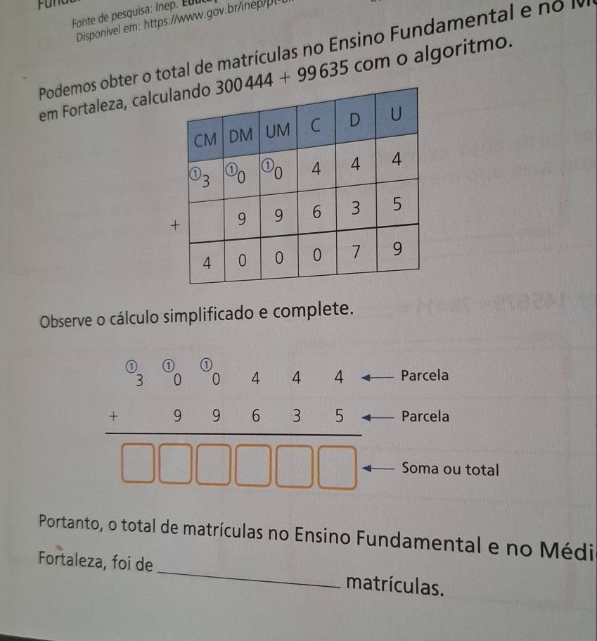 Fonte de pesquisa: Inep. E0u
Disponivel em: https://www.gov.br/ine/
Podemos obter o total de matrículas no Ensino Fundamental e no I
em Fortaleza, calcu 300444+99635 com o algoritmo.
Observe o cálculo simplificado e complete.
Parcela
beginarrayr 00beginarrayr 00 3000444 +99635 hline □ □ □ □ □ endarray endarray Parcela
Soma ou total
Portanto, o total de matrículas no Ensino Fundamental e no Médi
Fortaleza, foi de _matrículas.