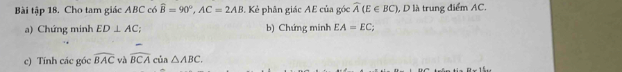 Bài tập 18. Cho tam giác ABC có widehat B=90°, AC=2AB. Kẻ phân giác AE của góc widehat A(E∈ BC) , D là trung điểm AC. 
a) Chứng minh ED⊥ AC; b) Chứng minh EA=EC; 
c) Tính các góc widehat BAC và widehat BCA của △ ABC.
D* 15..