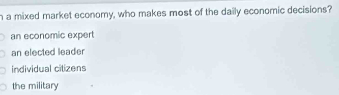 a mixed market economy, who makes most of the daily economic decisions?
an economic expert
an elected leader
individual citizens
the military