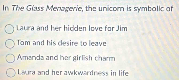 In The Glass Menagerie, the unicorn is symbolic of
Laura and her hidden love for Jim
Tom and his desire to leave
Amanda and her girlish charm
Laura and her awkwardness in life