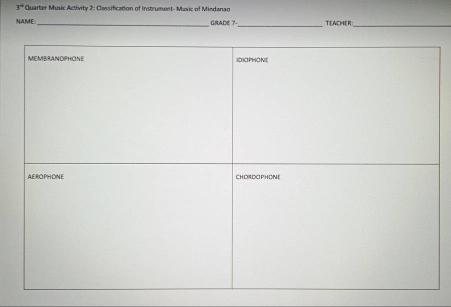 3^(id) Quarter Music Activity 2: Classification of Instrument- Music of Mindanao 
NAME:_ GRADE 7-_ TEACHER:_